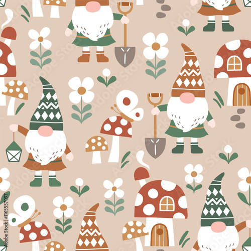 Seamless vector pattern with cute gardening gnomes, mushroom house and flowers. Hand drawn fairy dwarf on floral background. EPS 10 vector file. Perfect for textile, wallpaper or nursery print design.