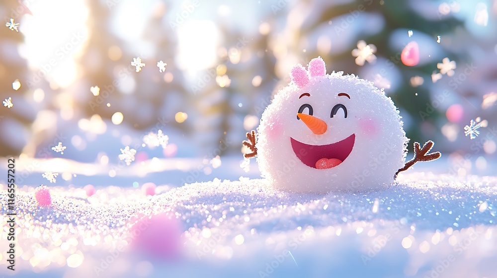 Obraz premium Happy snowman in snowy winter scene with pink bokeh.