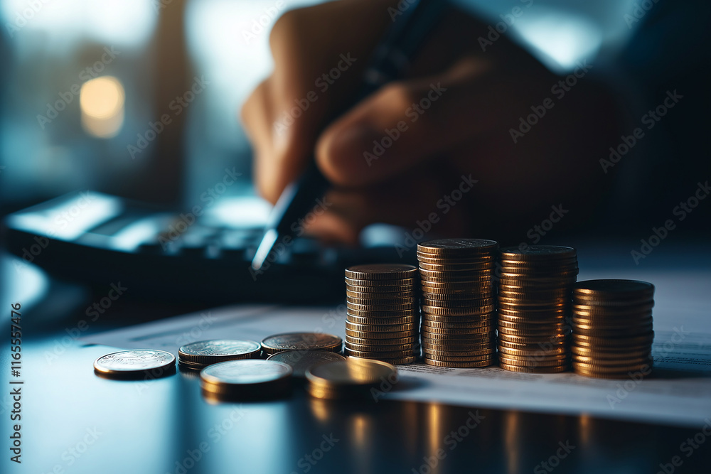 Close up of hand writing on document with coins stacked nearby, symbolizing financial planning and budgeting. scene conveys sense of diligence and responsibility Close up of hand writing on document with coins stacked nearby, symbolizing financial planning and budgeting. scene conveys sense of diligence and responsibility
