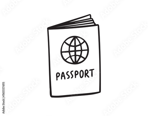 Linear doodle hand drawn passport on white background. Outline drawing international passport control, travel concept