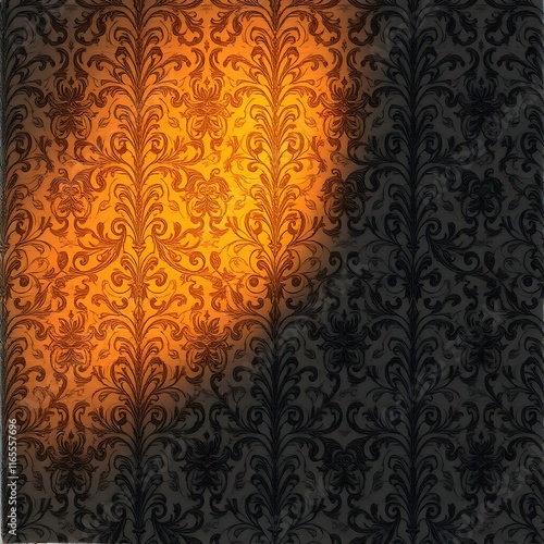 Orange Ornamental Pattern on Dark Background: Vintage Style Floral Wallpaper Texture for Design