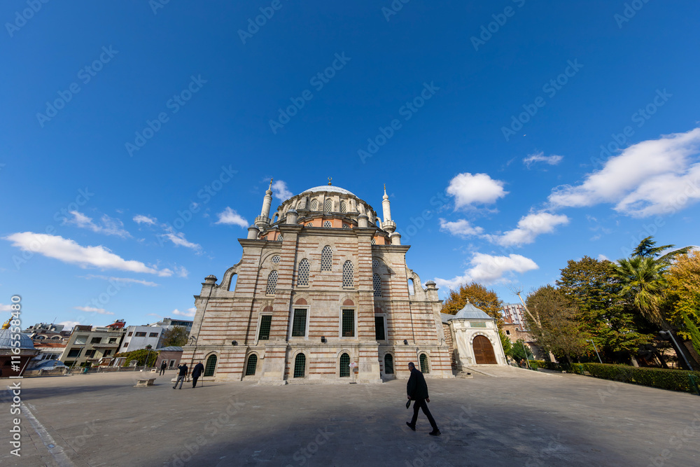 Laleli Mosque also known a Tulip mosque. Exterior shot. Arabic text as decor (verses from Koran, muslim Holy book). Ottoman