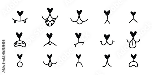 Hand drawn doodle pet mouth. dog or cat face with tongue hanging out set template. Dog tongue outline lick mouth and nose. Happy pet face with open mouth. 