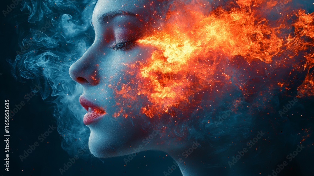 Abstract glowing profile surrounded by fiery orange smoke Abstract glowing profile surrounded by fiery orange smoke