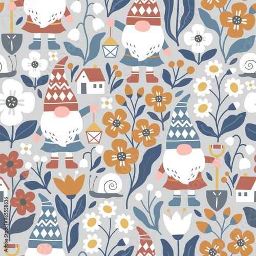 Seamless vector pattern with cute gardening gnomes and flowers. Hand drawn fairy dwarf on floral background. EPS 10 vector file. Perfect for textile, wallpaper or nursery print design.