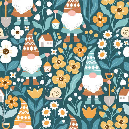 Seamless vector pattern with cute gardening gnomes and flowers. Hand drawn fairy dwarf on floral background. EPS 10 vector file. Perfect for textile, wallpaper or nursery print design.