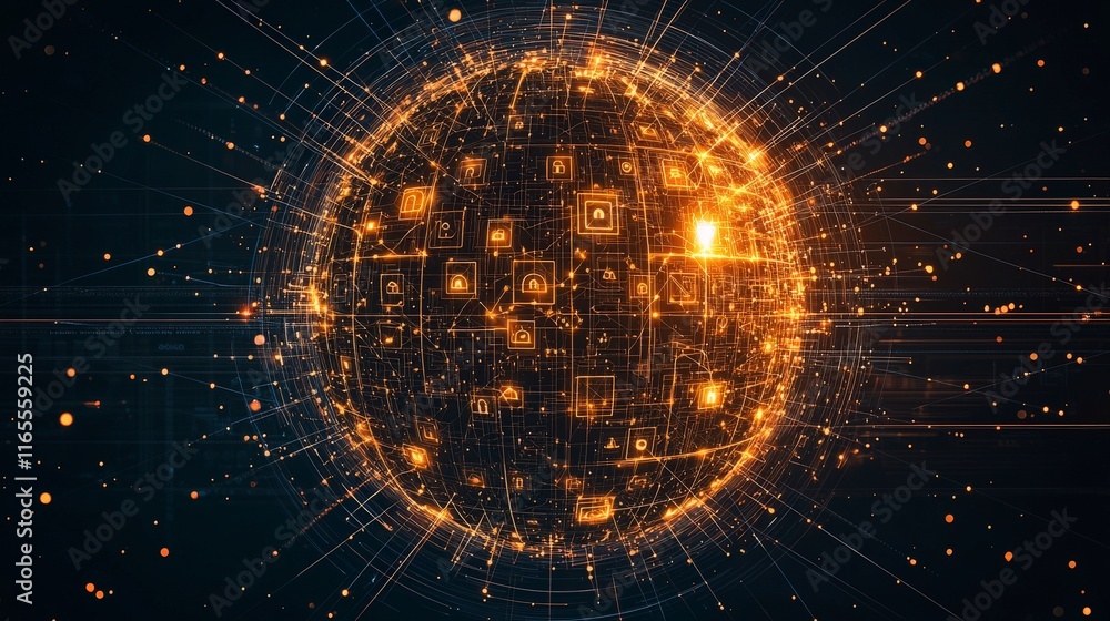 Obraz premium A glowing spherical network with intricate patterns and vibrant light trails, symbolizing technology and connectivity.
