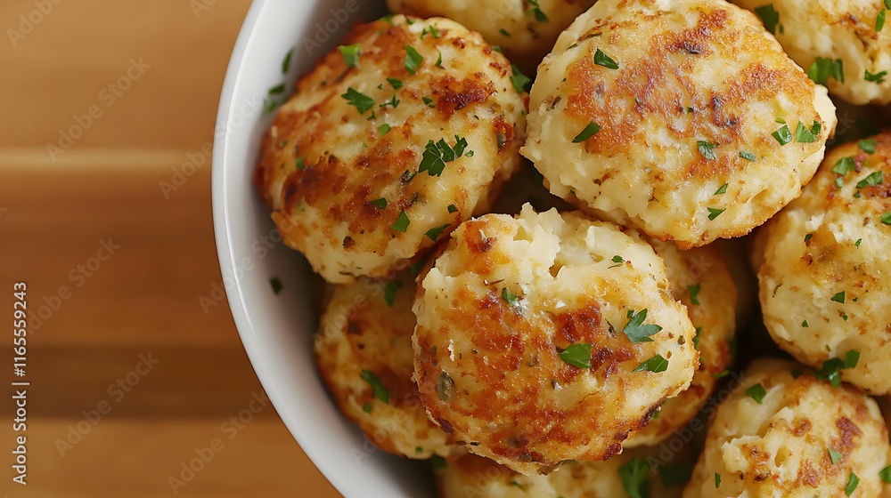 Fototapeta premium Golden Brown Potato Balls in a White Bowl