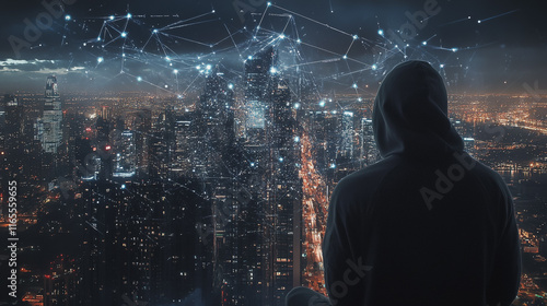 Hacker are planning to hack and attack networks and cyber security systems. Smart Innovation city with connection future wireless digital city and social media networking over the cityscape.