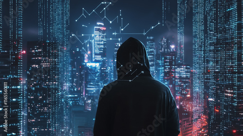 Hacker are planning to hack and attack networks and cyber security systems. Smart Innovation city with connection future wireless digital city and social media networking over the cityscape.