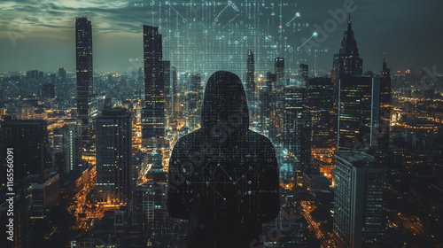 Hacker are planning to hack and attack networks and cyber security systems. Smart Innovation city with connection future wireless digital city and social media networking over the cityscape.