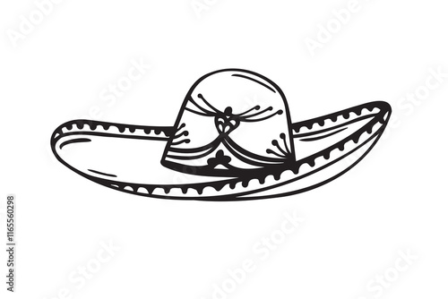 Hand drawn Mariachi hat illustration. Doodle mariachi hat. Sketch of mariachi hat isolated on white background. Sketch of sombrero. Vector illustration.