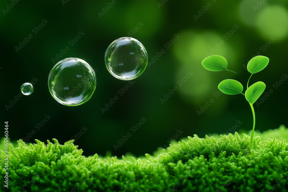 High quality photograph of green bubbles on lush moss with small plant. vibrant green background creates refreshing and serene atmosphere, perfect for nature themes