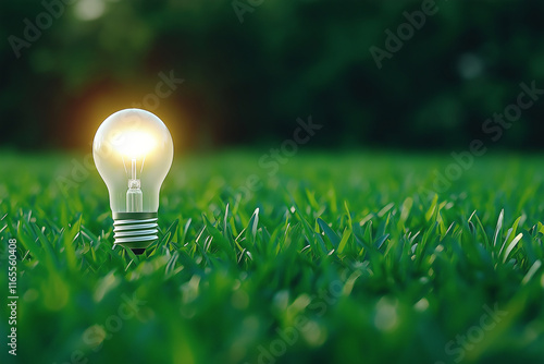 glowing light bulb stands on lush green grass, symbolizing eco friendly energy and innovation. This captures essence of sustainability and nature harmony photo