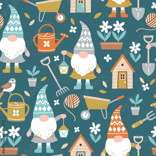 Seamless vector pattern with cute busy gnomes and gardening tools. Hand drawn fairy dwarf on floral background. EPS 10 vector file. Perfect for textile, wallpaper or nursery print design.