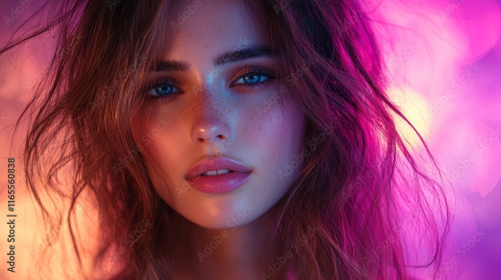 Portrait of a woman with glowing magenta light Portrait of a woman with glowing magenta light