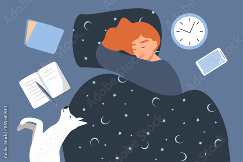 vector illustration in flat style. girl sleeping in bed next to the dog