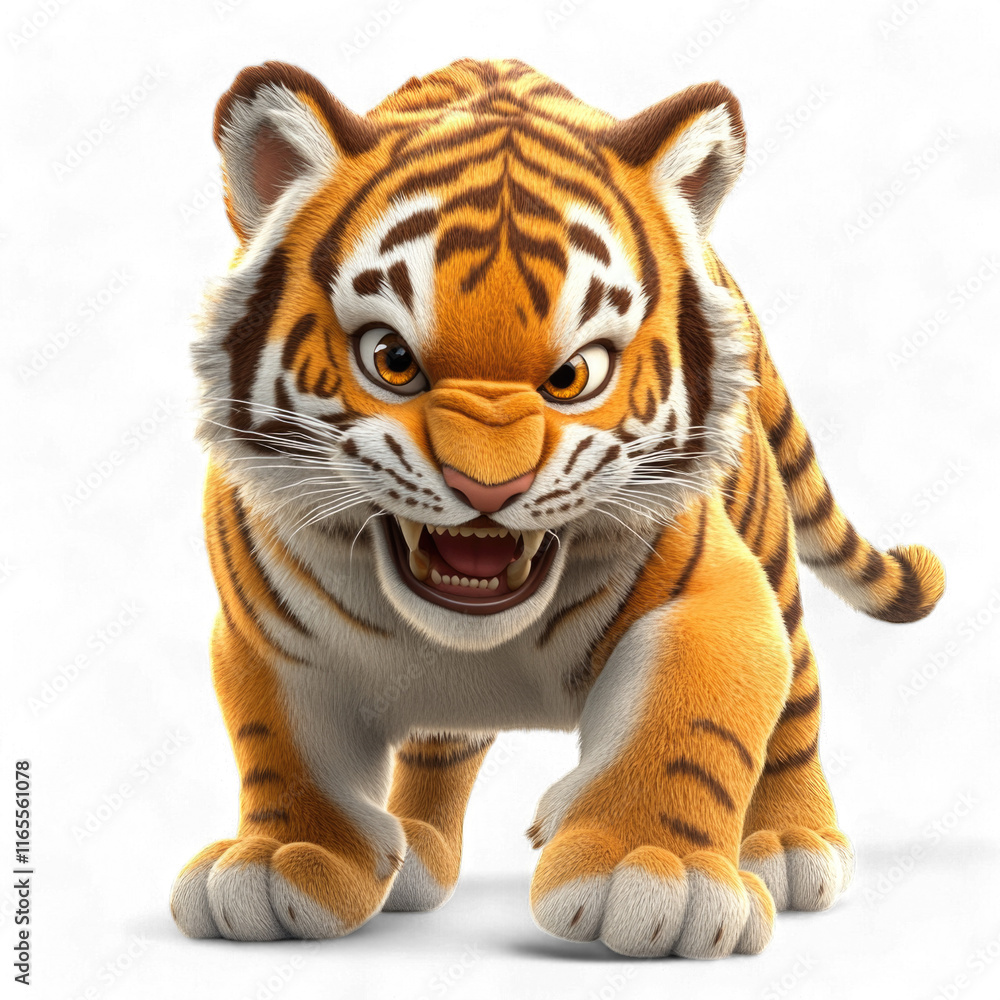 Obraz premium 3D Cartoon tiger prowling confidently with alert eyes and sharp teeth isolated on transparent background PNG
