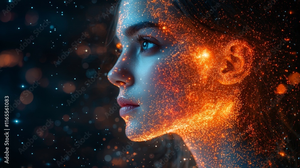 Profile of a woman with glowing fiery particles Profile of a woman with glowing fiery particles