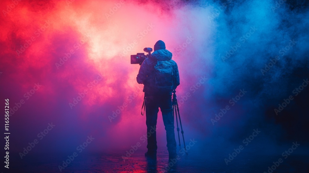 Fototapeta premium Silhouetted photographer amidst dramatic blue and red smoke