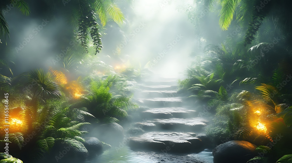 Obraz premium Misty Jungle Path Leads to Sunlight Through Lush Foliage