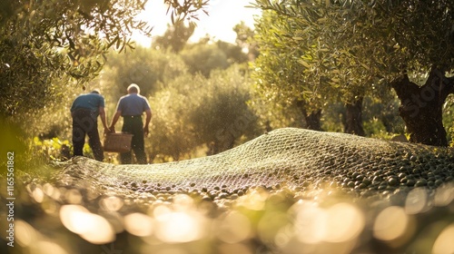 Olive trees in a Mediterranean setting, with farmers shaking olives onto a large net. 