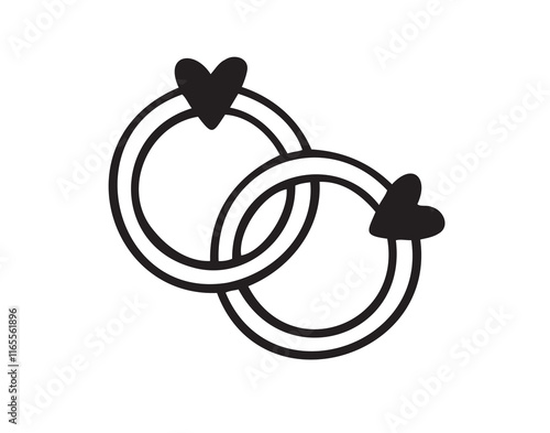 Bonded wedding rings doodle hand drawn icon. Marriage proposal. Diamond ring in heart shape. Concept of wedding, valentine, love. 