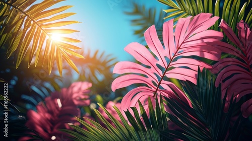 Wallpaper Mural Tropical leaves with vibrant pink and green hues Torontodigital.ca