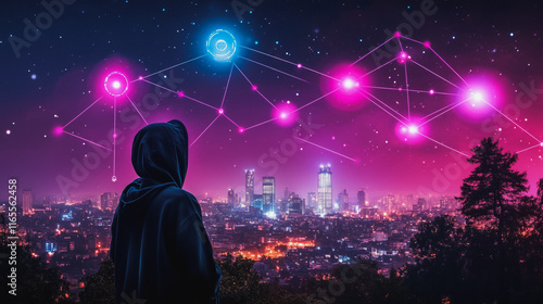 Hacker are planning to hack and attack networks and cyber security systems. Smart Innovation city with connection future wireless digital city and social media networking over the cityscape.