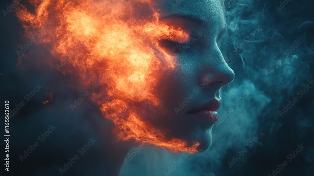 Profile of a woman immersed in fiery orange smoke Profile of a woman immersed in fiery orange smoke