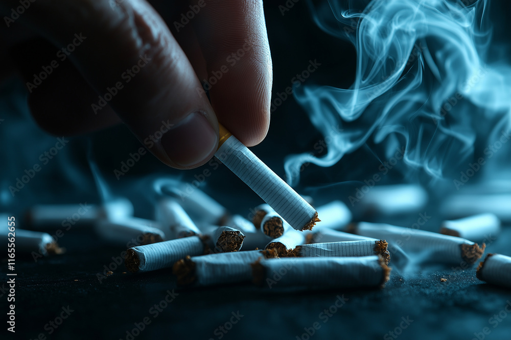 close up of hand placing cigarette on black table, surrounded by smoke and scattered cigarettes, creating moody atmosphere close up of hand placing cigarette on black table, surrounded by smoke and scattered cigarettes, creating moody atmosphere