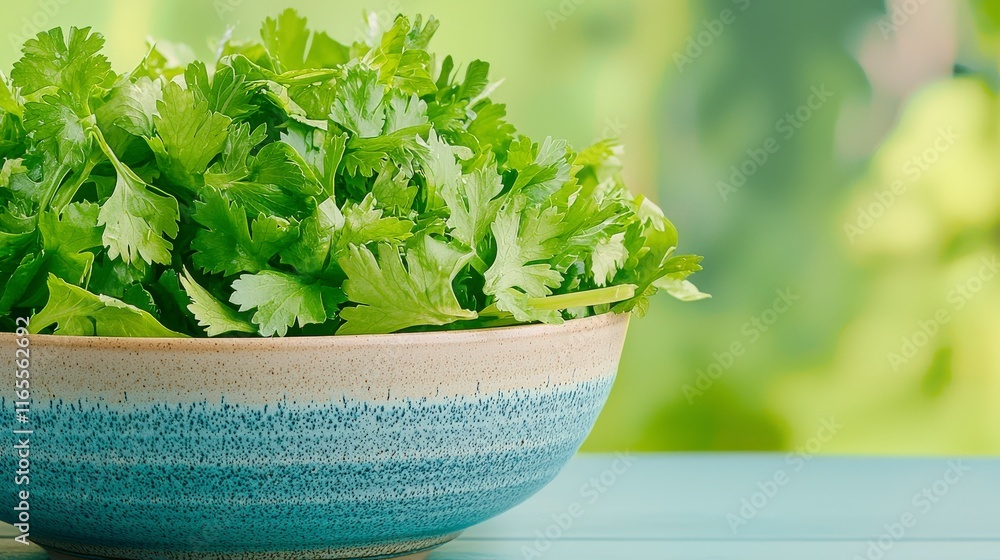 Fresh Green Cilantro Leaves in a Decorative Bowl with a Soft Blurry Background Fresh Green Cilantro Leaves in a Decorative Bowl with a Soft Blurry Background