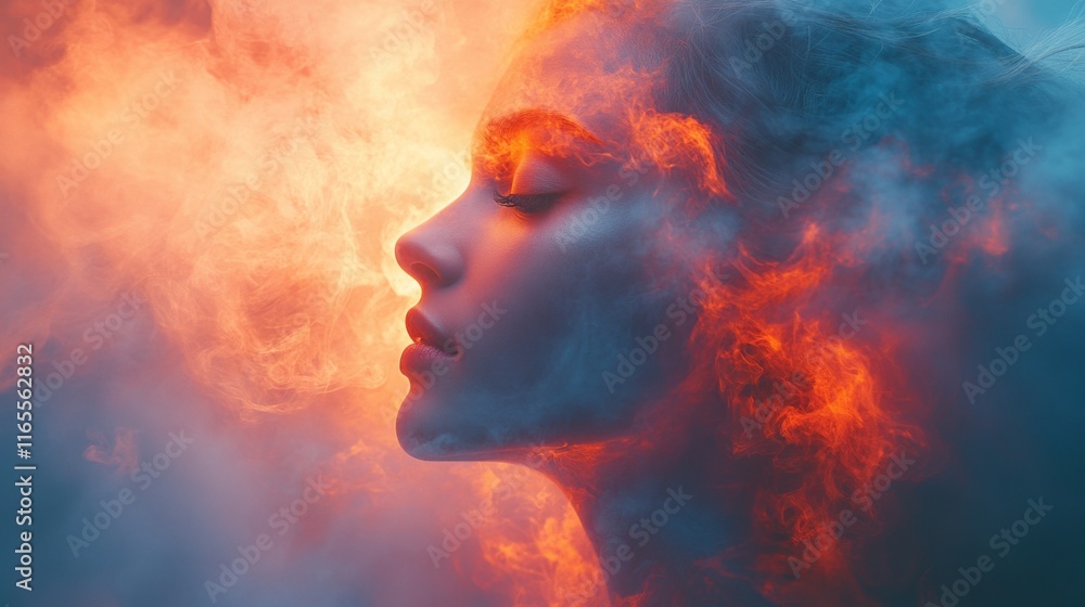 Fiery abstract profile of a woman in orange smoke Fiery abstract profile of a woman in orange smoke