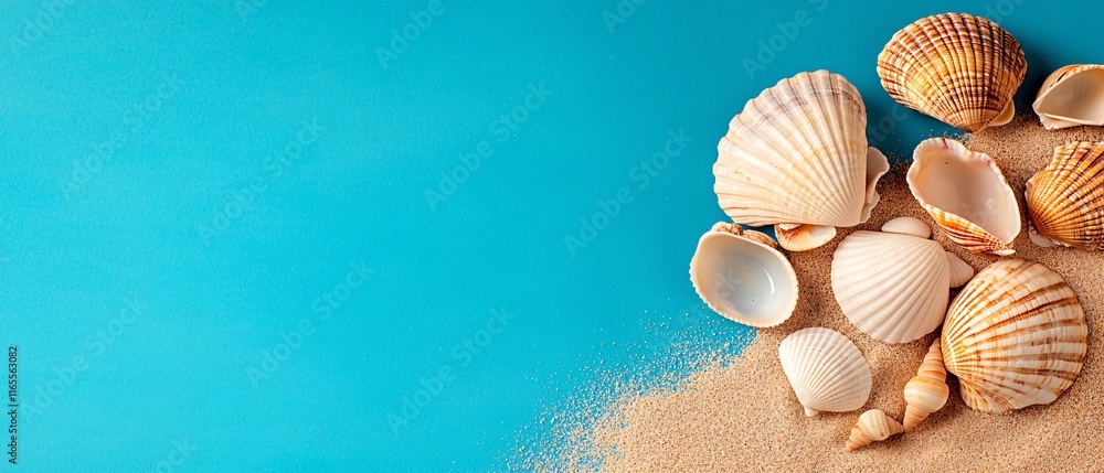 Colorful Seashells on Vibrant Blue Sand Background Colorful Seashells on Vibrant Blue Sand Background
