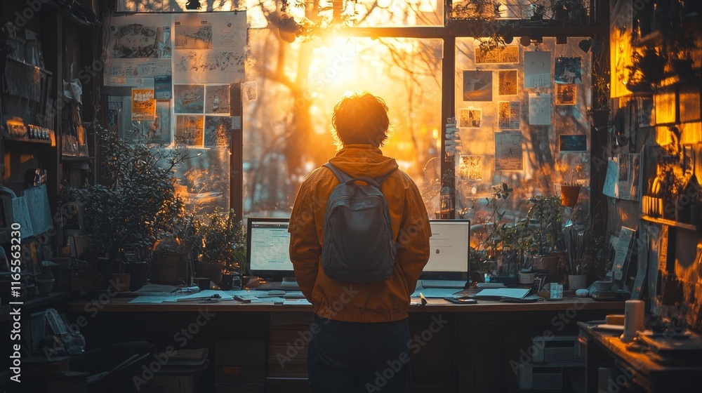 Creative workspace with warm glowing ambiance Creative workspace with warm glowing ambiance