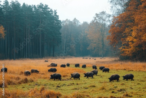 Iberian pigs grazing in a meadow near a forest in autumn