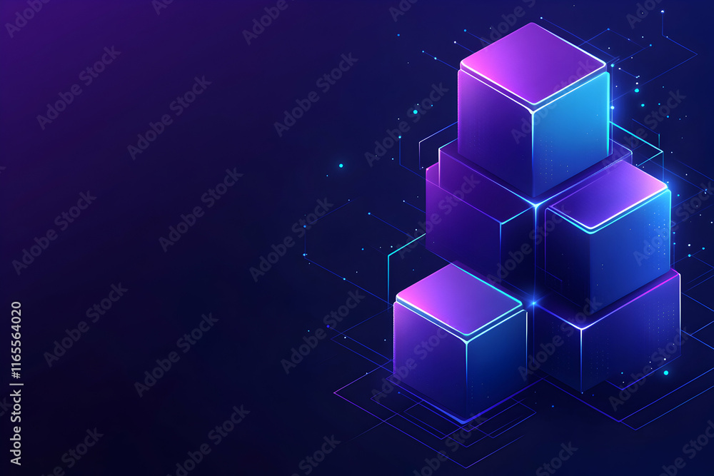 Abstract isometric illustration of glowing purple and blue cubes, representing data, technology, or digital concepts. Perfect for tech websites, presentations, and digital marketing. Abstract isometric illustration of glowing purple and blue cubes, representing data, technology, or digital concepts. Perfect for tech websites, presentations, and digital marketing.