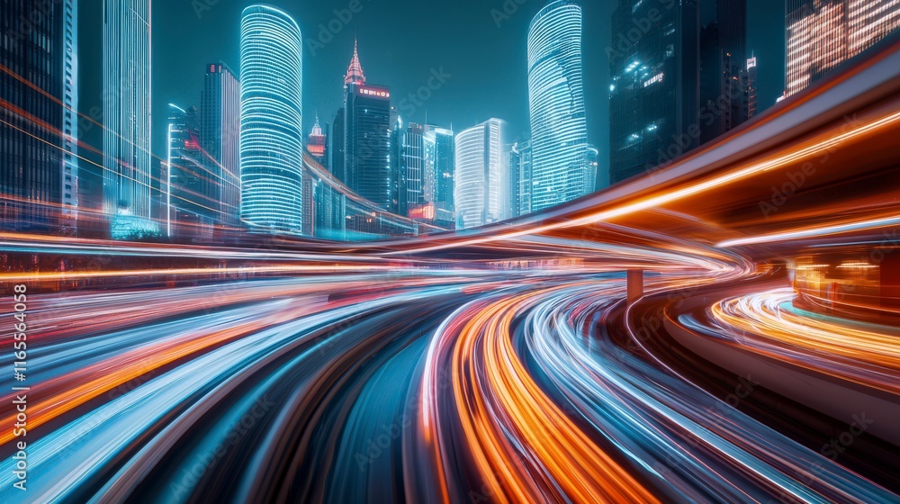 Fototapeta premium Dynamic Cityscape at Night with Light Trails from Vehicles and Skyscrapers in Background