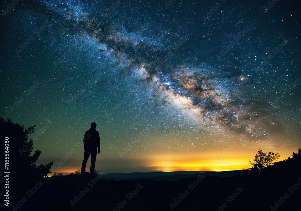 A man stands on top of a hill, looking at the vast starry sky and the Milky Way A man stands on top of a hill, looking at the vast starry sky and the Milky Way