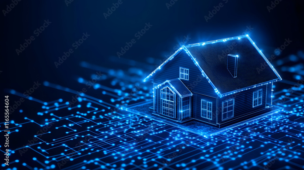 Digital house design with glowing lines and circuitry on a dark background Digital house design with glowing lines and circuitry on a dark background