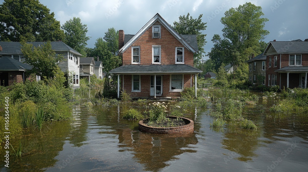 Flooded neighborhood, brick house, overgrown vegetation. Flooded neighborhood, brick house, overgrown vegetation.