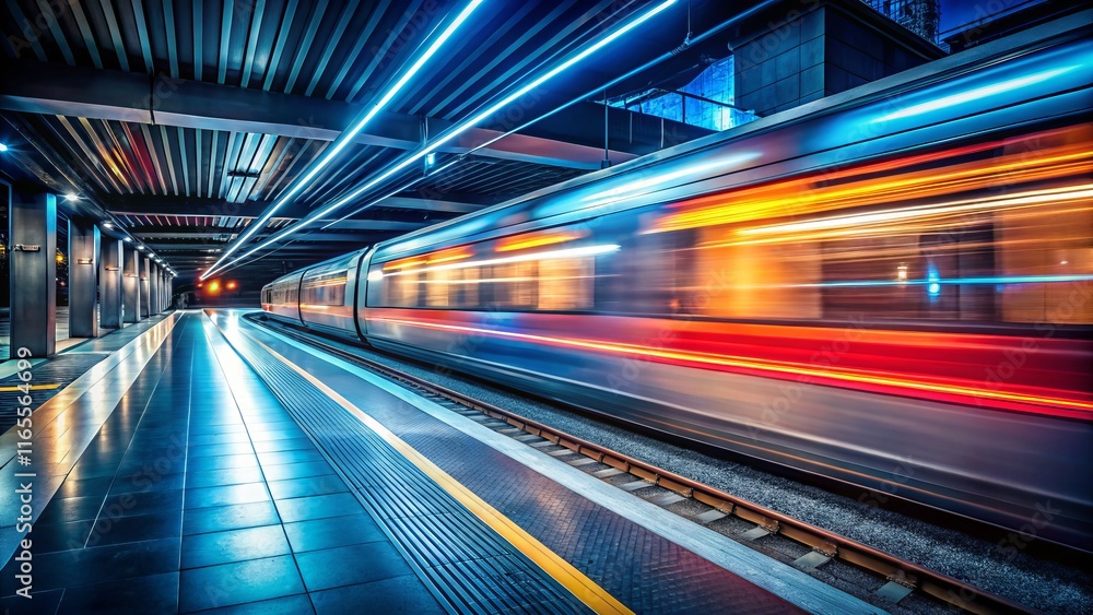 Blurred Speed: Fast Train Arriving Underground Platform at Night Blurred Speed: Fast Train Arriving Underground Platform at Night
