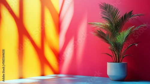 Minimalist interior with a vibrant red plant