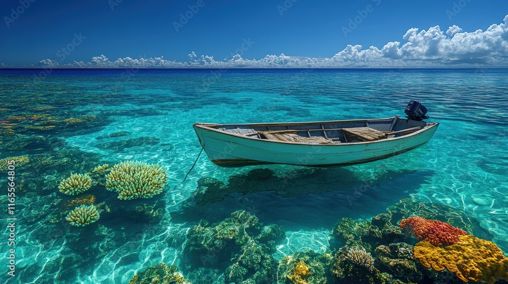 Fototapeta premium Small boat floats above vibrant coral reef.