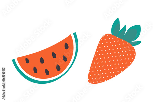 Watermelon slice and whole strawberry Ripe summertime berries. Healthy eating cards design elements