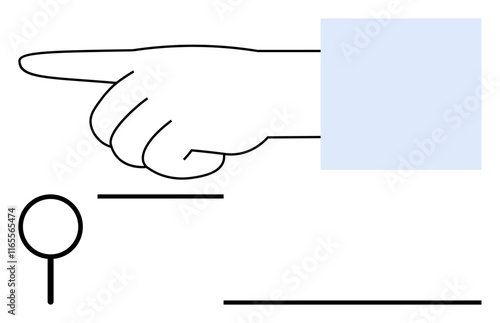 Hand with extended finger pointing, circle with line, rectangles. Ideal for directions, guidance, decision-making, navigation, leadership instruction focus. Simple abstract line flat metaphor