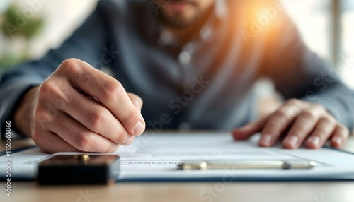 Businessman Hand Stamping With Approved Stamp On Document At Desk. validates and manages business documents and agreements, and approves business cooperation to comply with environmental laws. photo