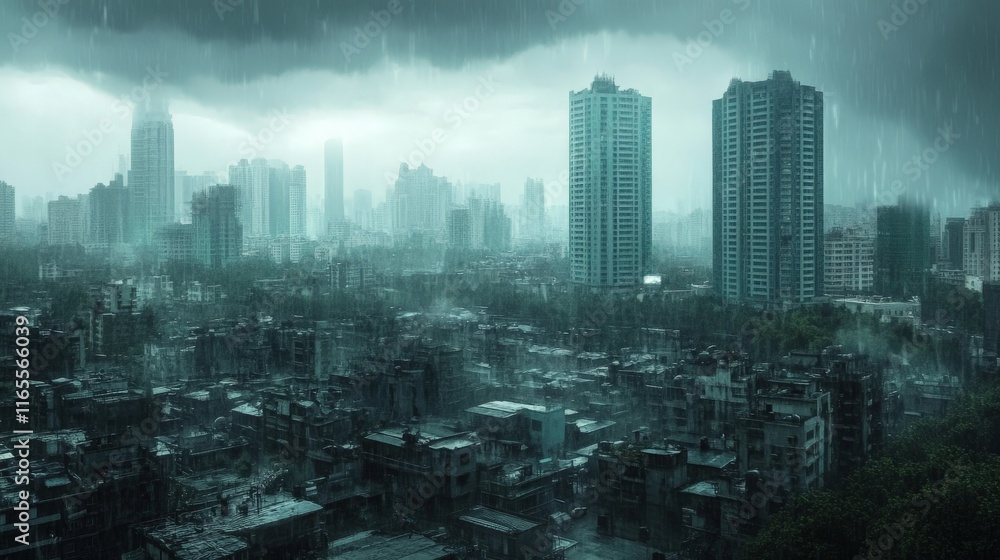 Obraz premium Rainfall Over City Rooftops Under Cloudy Sky