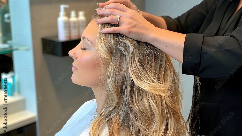 A woman with blonde hair is getting her hair done by a stylist A woman with blonde hair is getting her hair done by a stylist