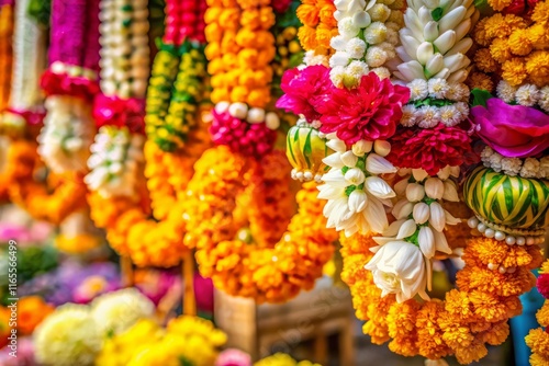 Thai Flower Garland, Fresh Flowers, Religious Offering, Worship, Aroma, Selective Focus Stock Photo photo